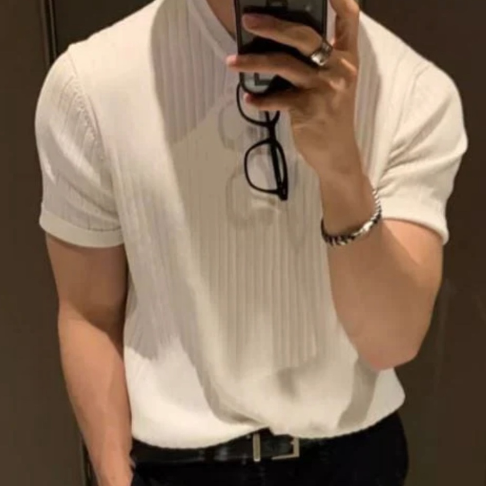 NWT REALTAKAI Men's Vertical Short Sleeve Shirt in White | Size L